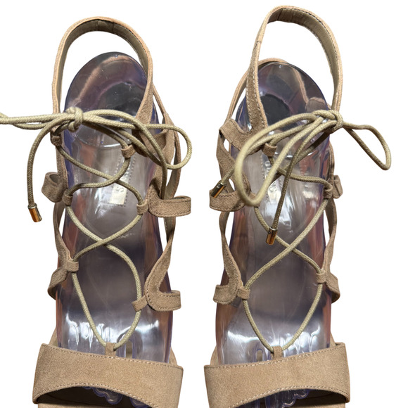 Guess Aurela Women's 10M Beige Suede Platform Heels Stiletto Sandal Cage Strappy - Picture 9 of 16